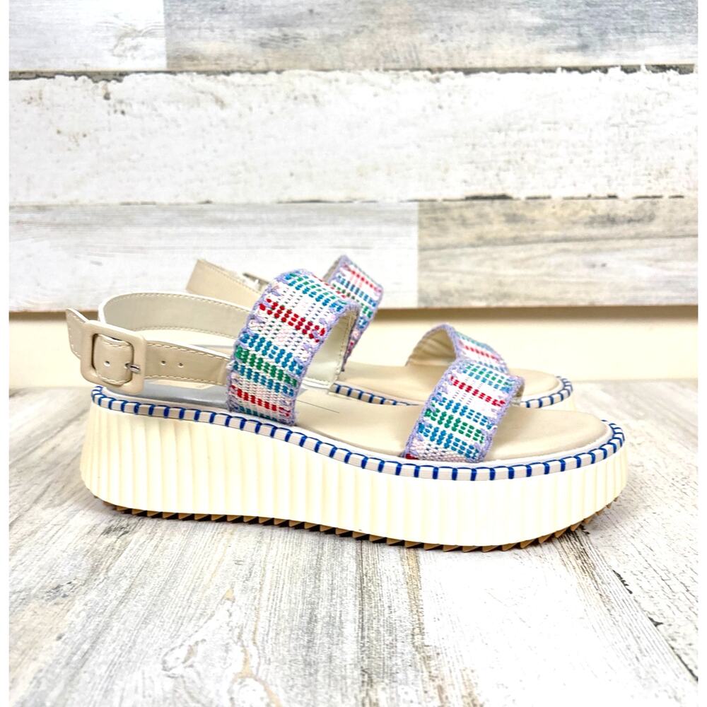 Dolce Vita Womens 8 Drake Platform Sandals Ivory Multi Plaid Buckle NEW Chunky